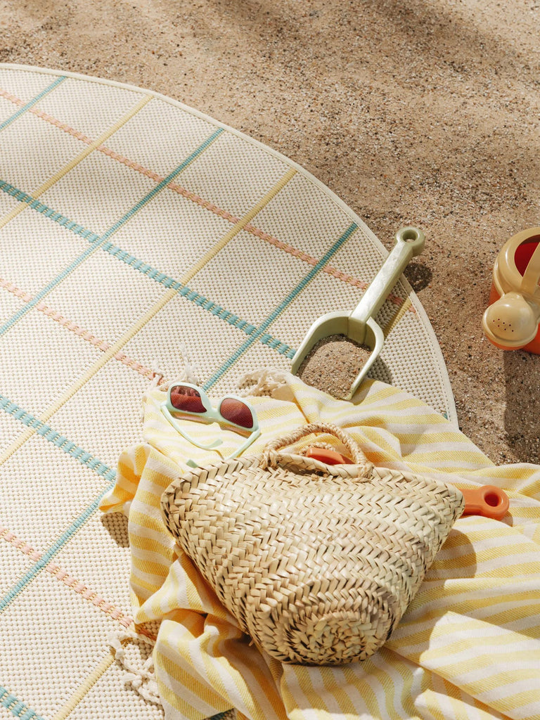 Tapis géométrique motif à carreaux rond multicolore d'intérieur et d'extérieur 120 cm de diamètre