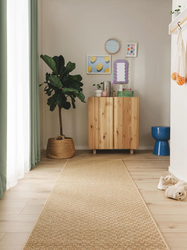 Tapis géométrique tressé à carreaux de couloir beige d'intérieur et d'extérieur 77x240 cm