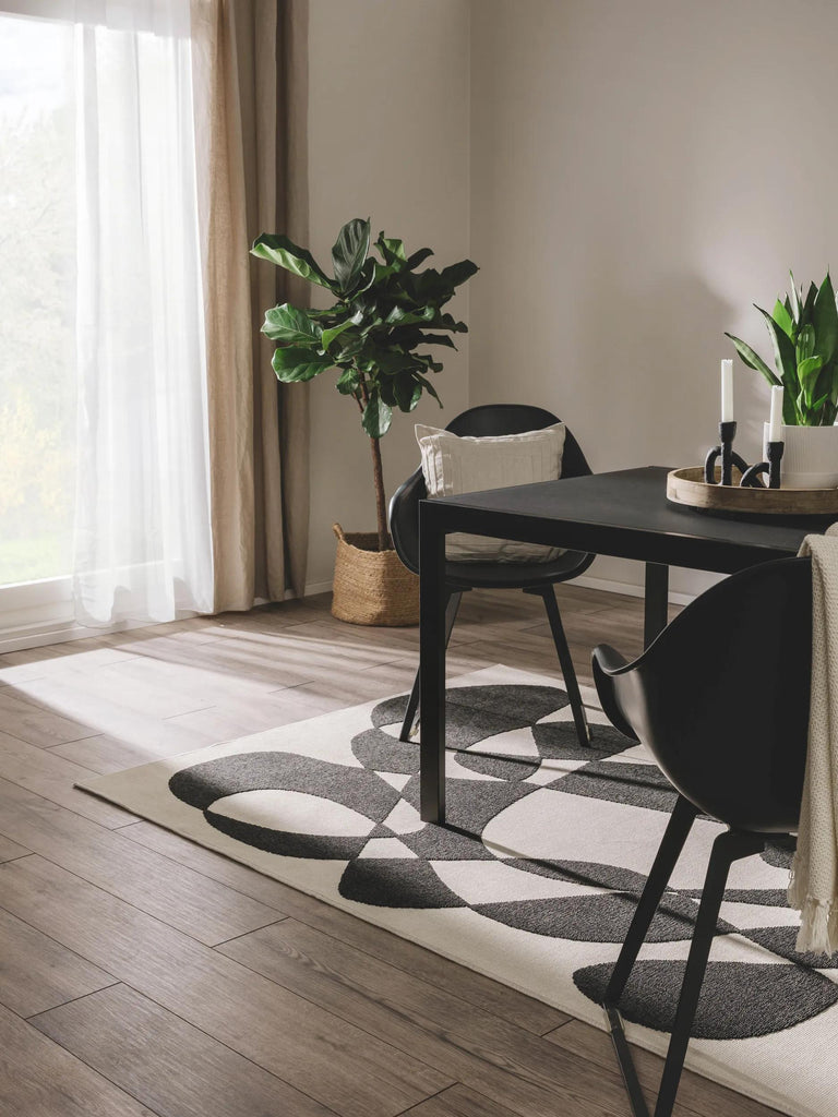 Tapis contemporain motif abstrait noir et blanc d'intérieur et d'extérieur 120x170 cm