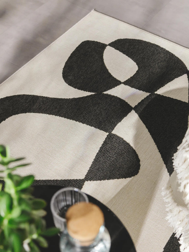 Tapis contemporain motif abstrait noir et blanc d'intérieur et d'extérieur 80x150 cm