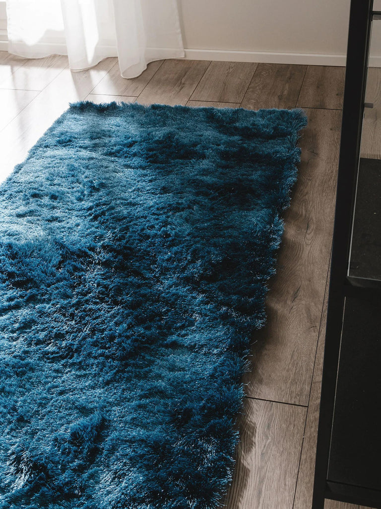 Tapis shaggy fourrure descente de lit bleu 80x300 cm