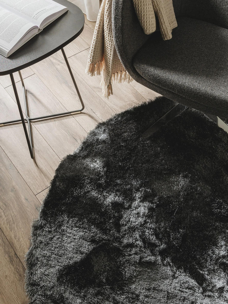 Tapis shaggy fourrure rond noir charbon 160 cm de diamètre