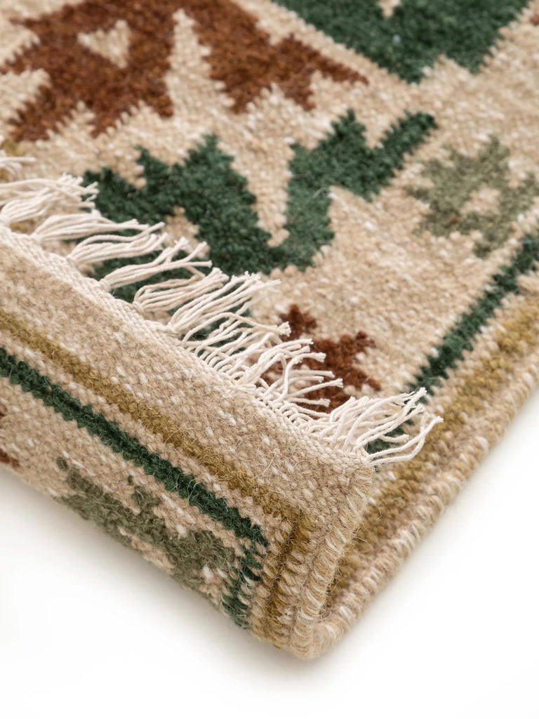 Tapis kilim motif ethnique descente de lit vert et beige en laine 80x200 cm