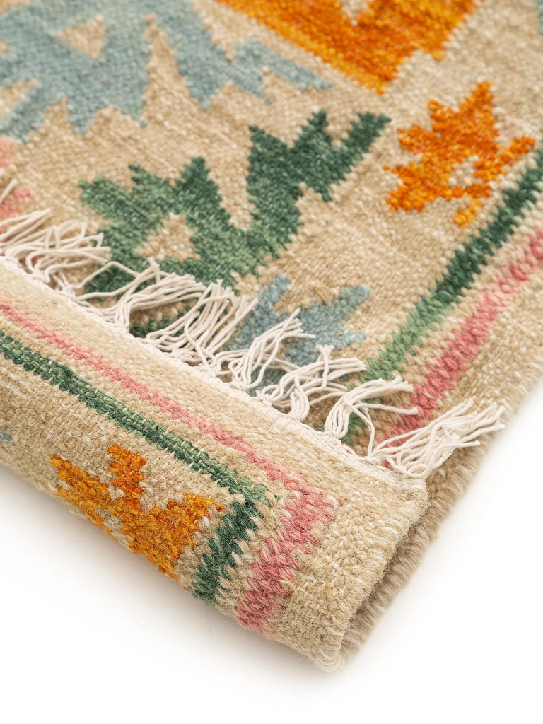 Tapis kilim motif ethnique descente de lit multicolore et beige en laine 80x200 cm