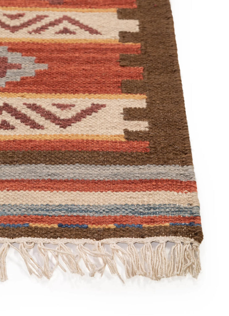 Tapis kilim motif ethnique descente de lit multicolore et rouge en laine 80x200 cm