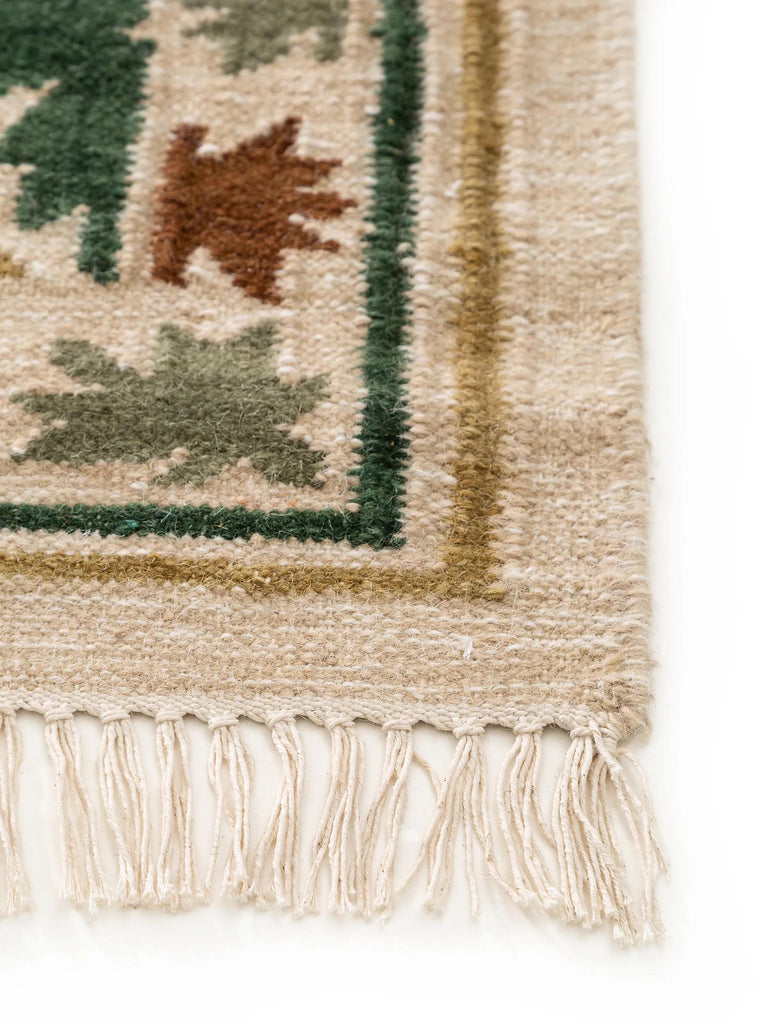 Tapis kilim motif ethnique vert et beige en laine 160x230 cm
