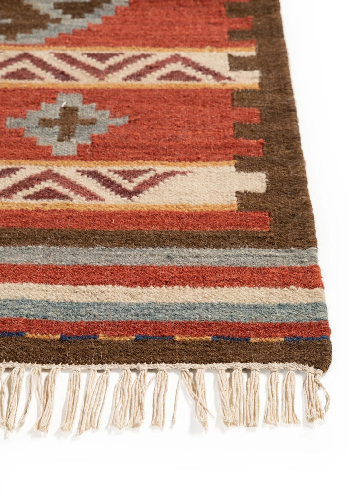 Tapis kilim motif ethnique multicolore et rouge en laine 200x300 cm