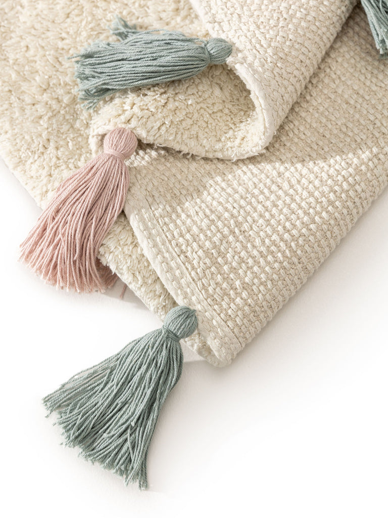 Tapis bohème à franges rond enfant crème en coton 100 cm de diamètre