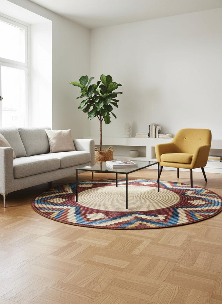 Tapis ethnique imprimé tressé rond multicolore d'intérieur et d'extérieur 160 cm de diamètre