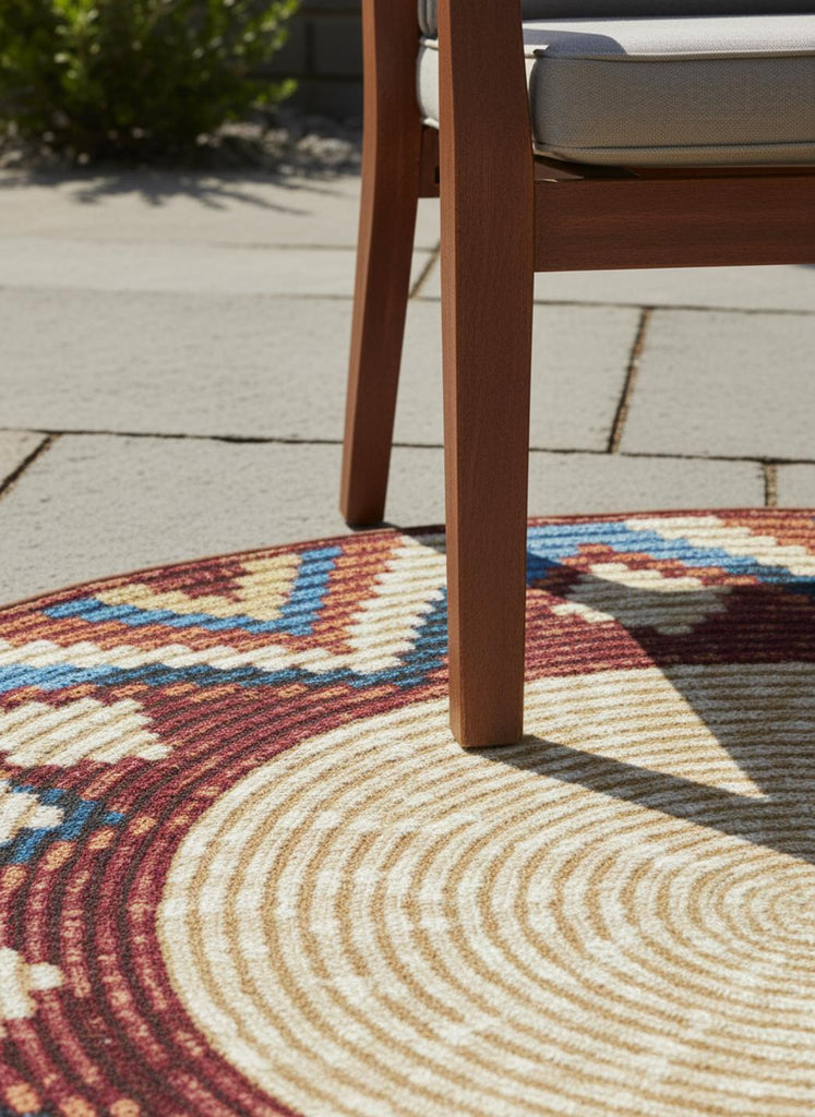 Tapis ethnique imprimé tressé rond multicolore d'intérieur et d'extérieur 160 cm de diamètre