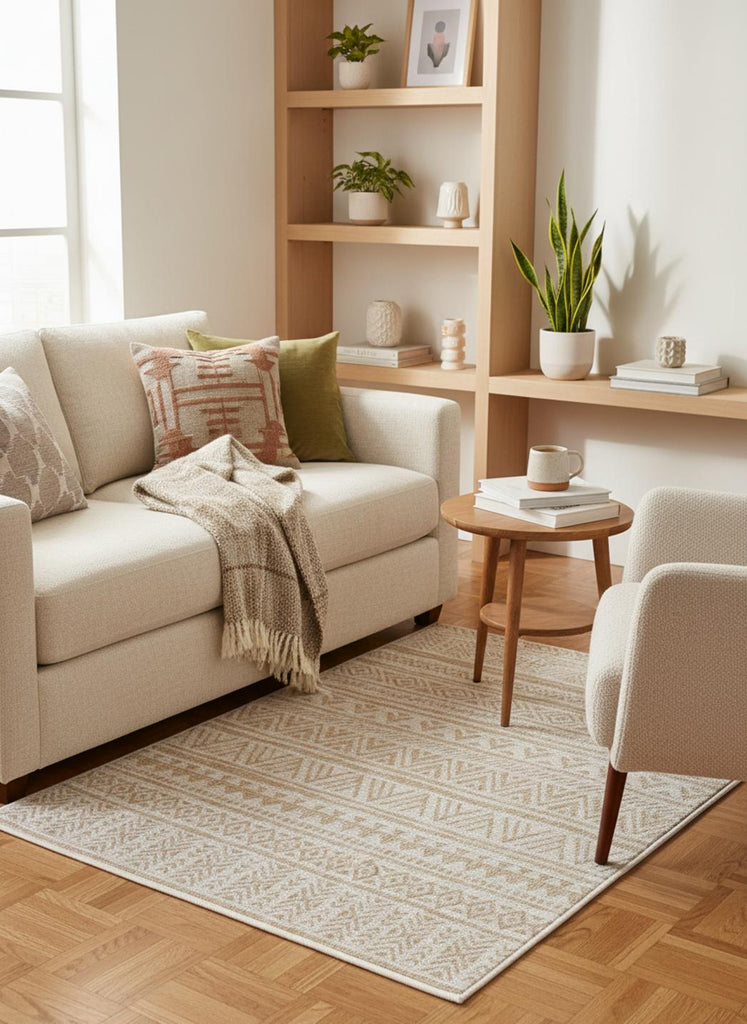 Tapis ethnique rayé crème et beige d'intérieur et d'extérieur 80x150 cm