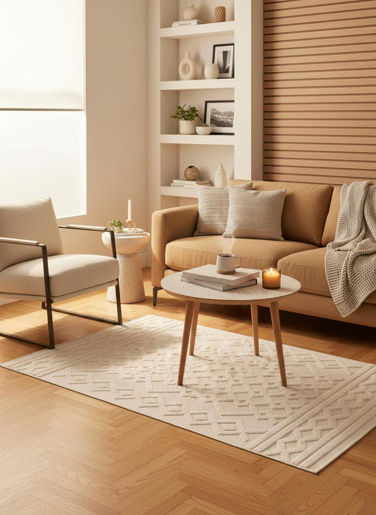 Tapis géométrique motif ethnique relief crème d'intérieur et d'extérieur 80x150 cm