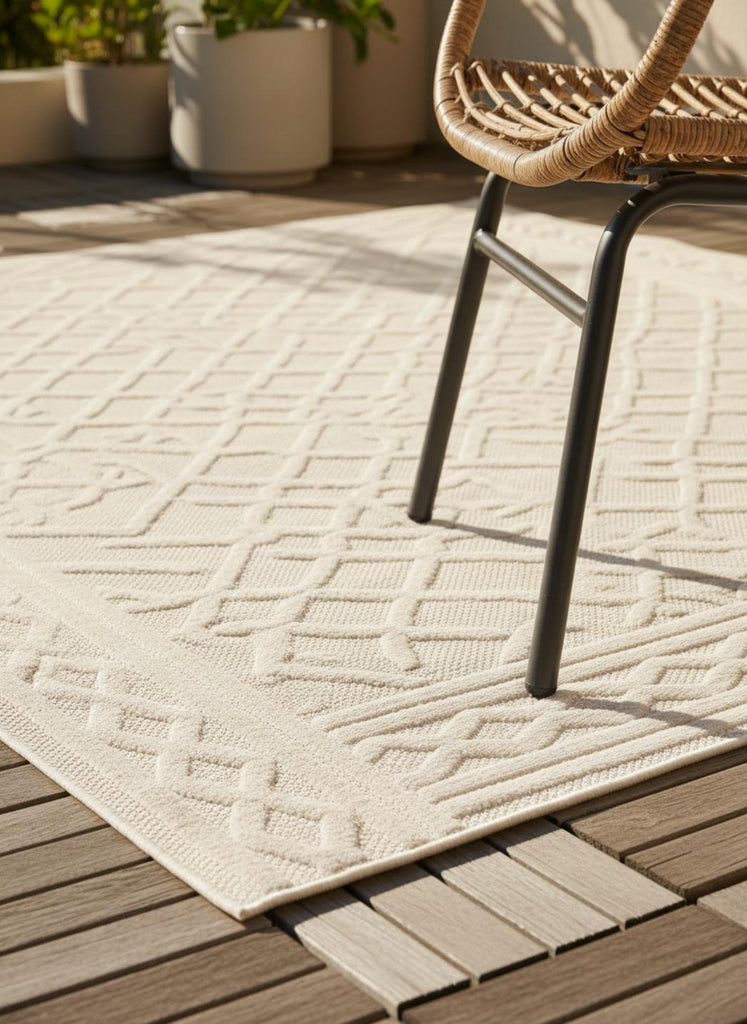 Tapis géométrique motif ethnique relief crème d'intérieur et d'extérieur 80x150 cm