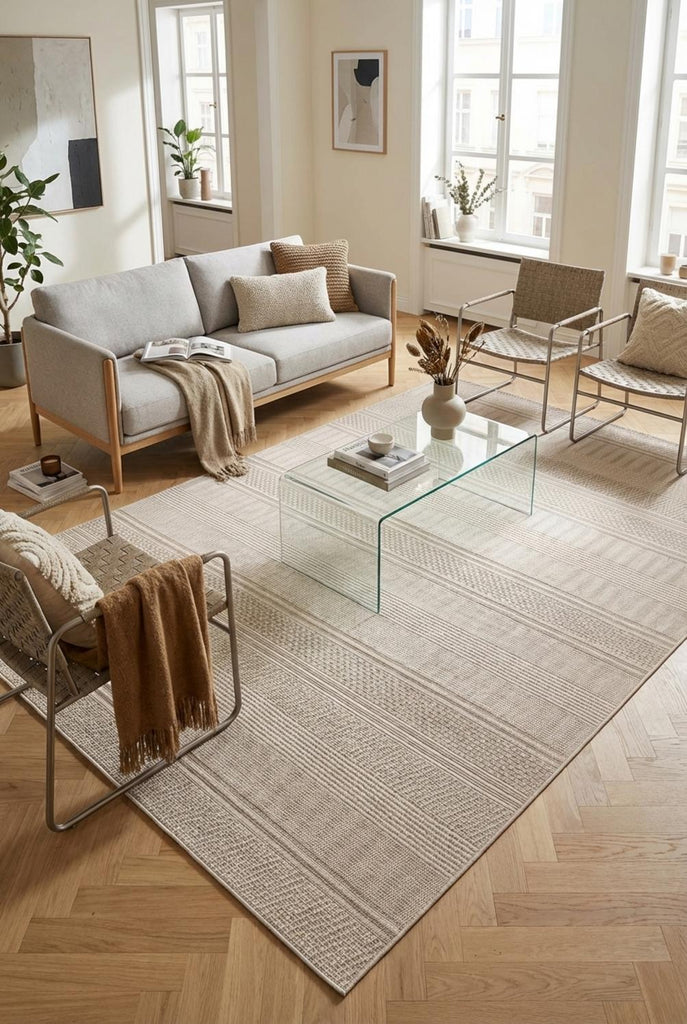 Tapis scandinave motif rayé enfant beige d'intérieur et d'extérieur 120x170 cm