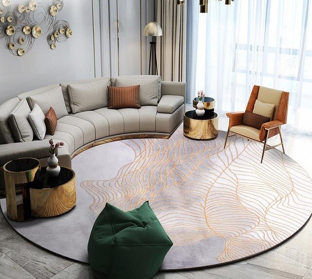 Tapis rond design leaf violet clair et or