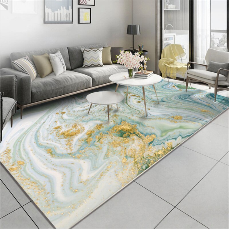 Tapis design abstrait vert d'eau et or – RueDuTapis